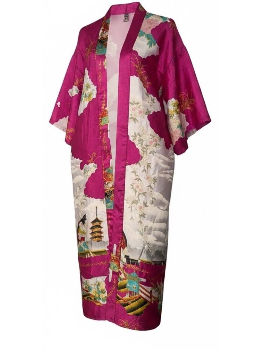 Vtg Oriental S.F China Brand Womens Satin Long Robe OS Pink White Geisha NO Tie